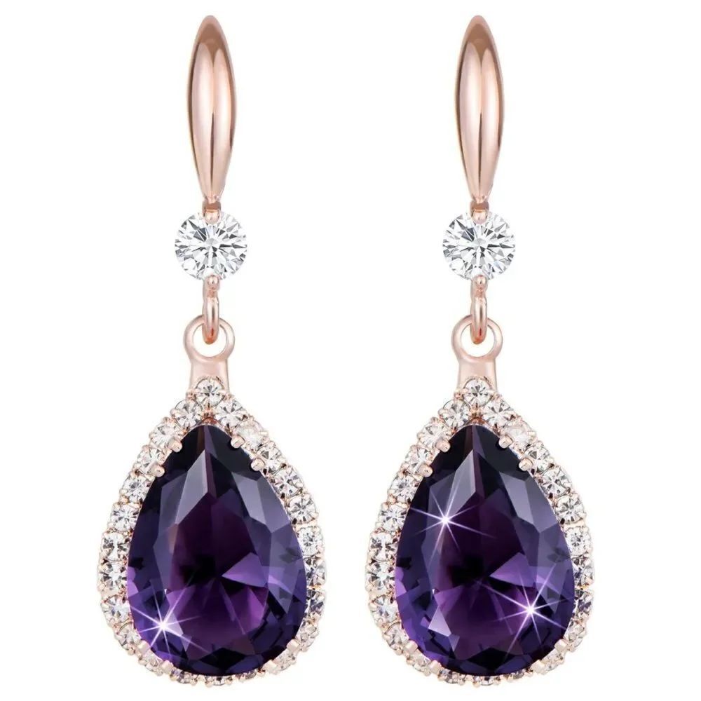 14K Rose Gold and Purple Amethyst Cubic Zirconia Teardrop Hook Dangling Earrings